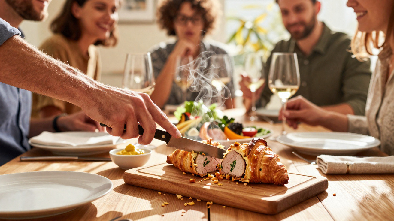 Pessoa a cortar croissant recheado numa mesa com quatro pessoas a conviver e copos de vinho branco.