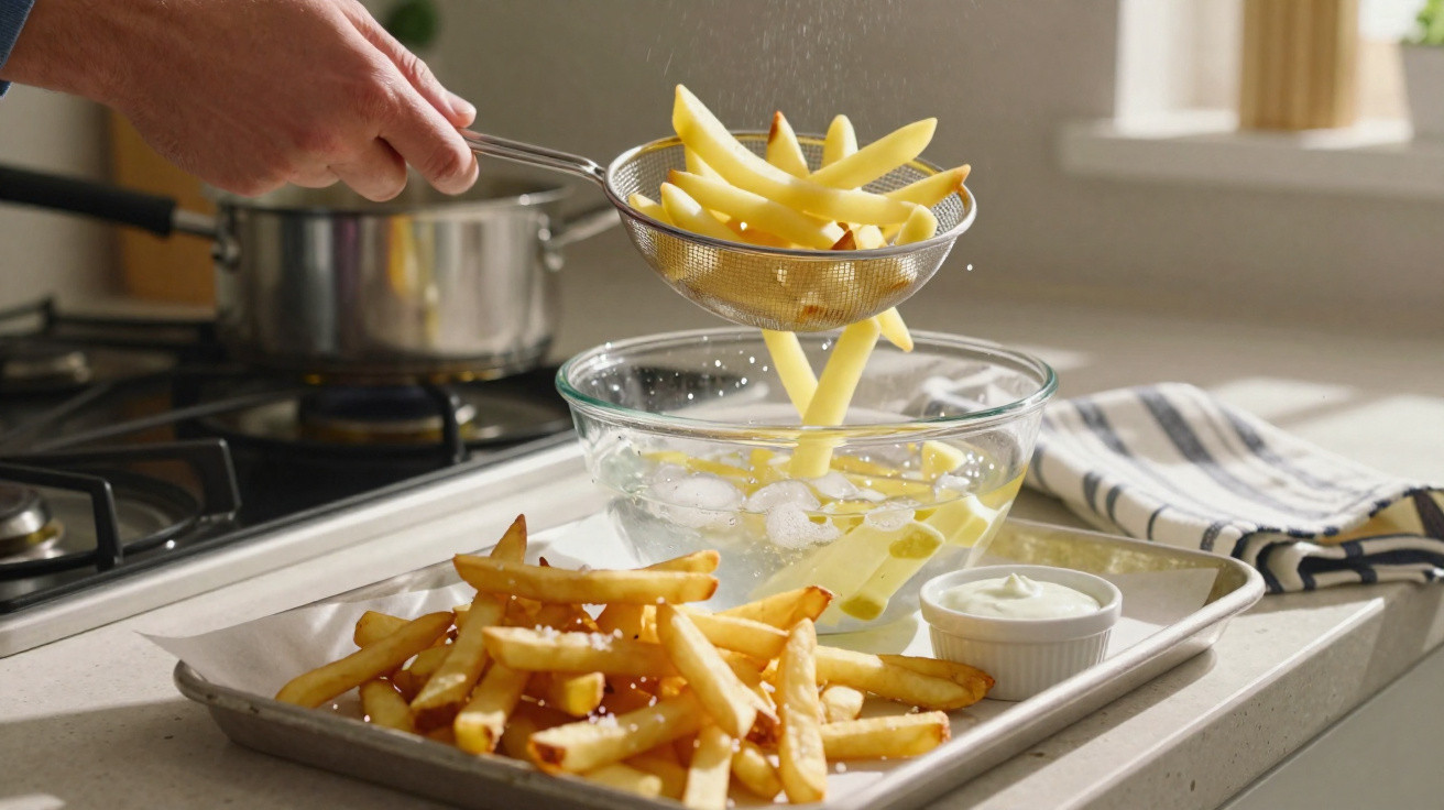 Pessoa a colocar batatas fritas numa taça com água gelada, ao lado de um tabuleiro com batatas e molho.
