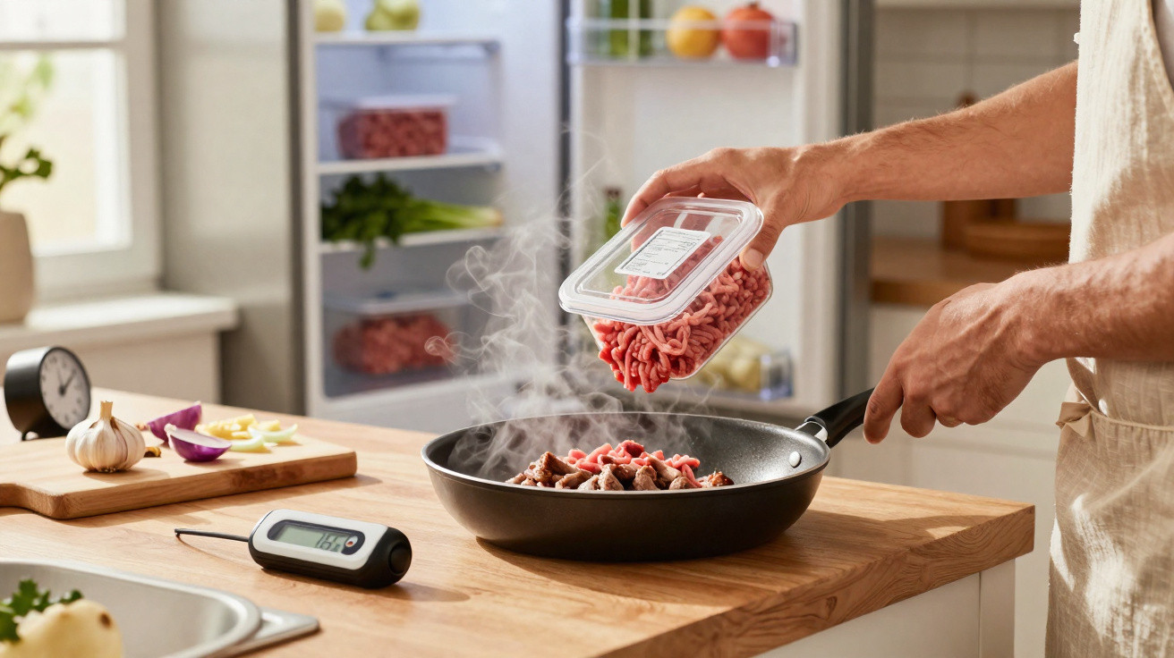 Pessoa a cozinhar carne picada numa frigideira numa cozinha moderna e luminosa.