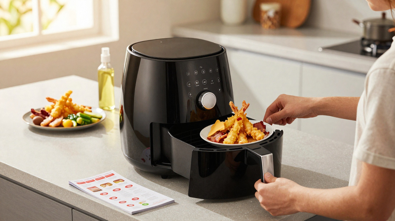 Mão a retirar prato com comida frita de uma fritadeira elétrica preta numa cozinha moderna.
