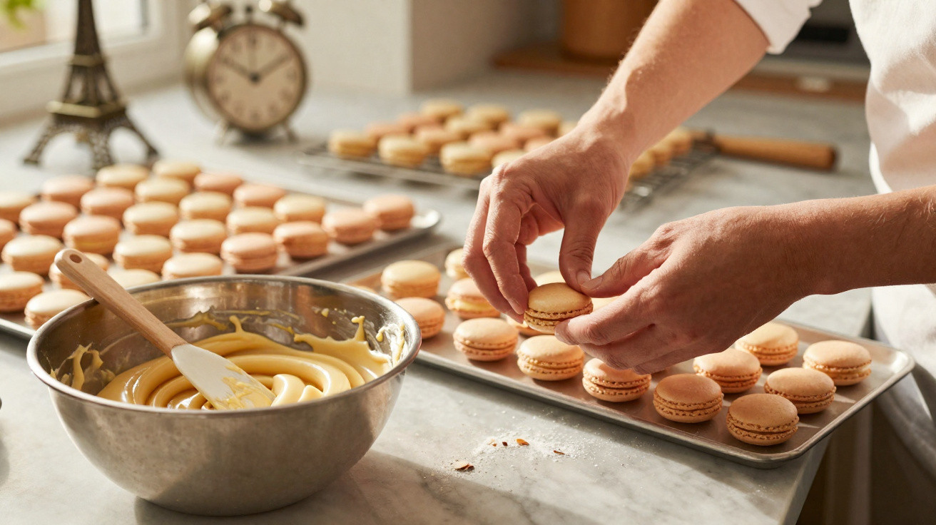 Pessoa a montar macarons cor de castanho claro em tabuleiros numa cozinha.
