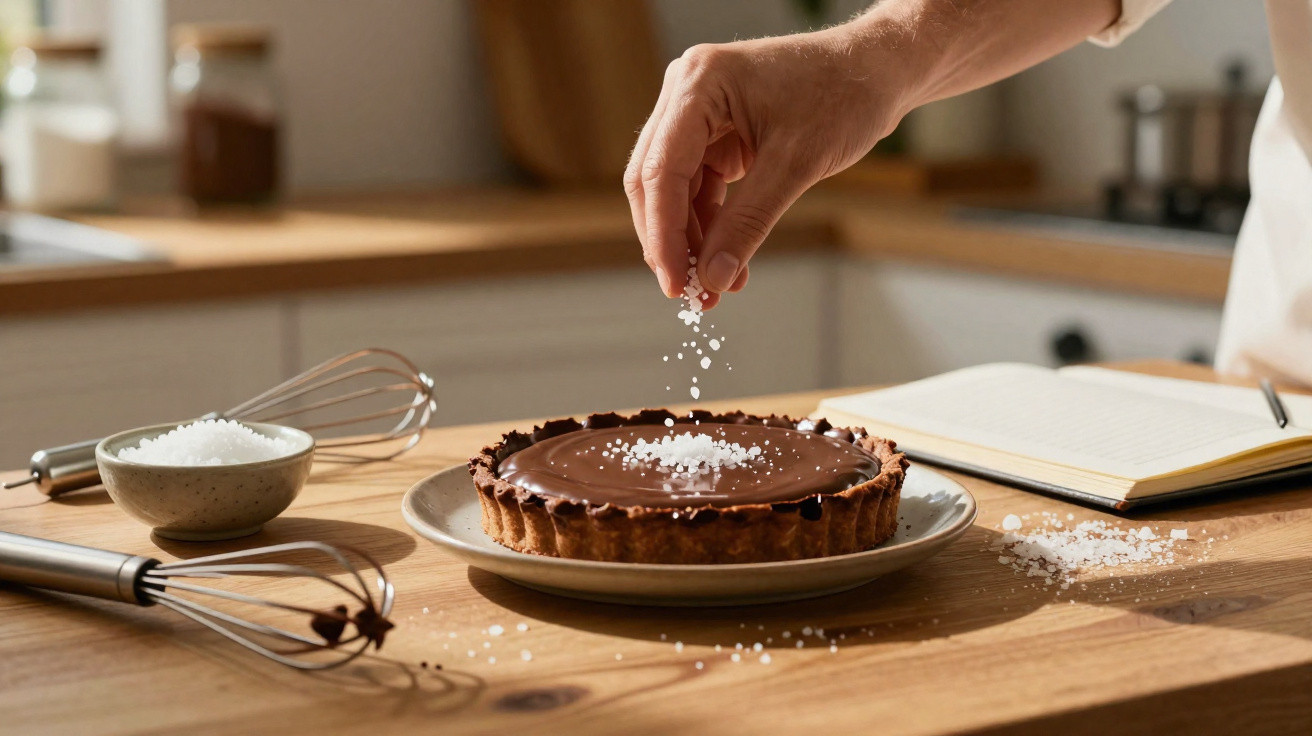 Pessoa a polvilhar sal grosso sobre uma tarte de chocolate numa cozinha iluminada.