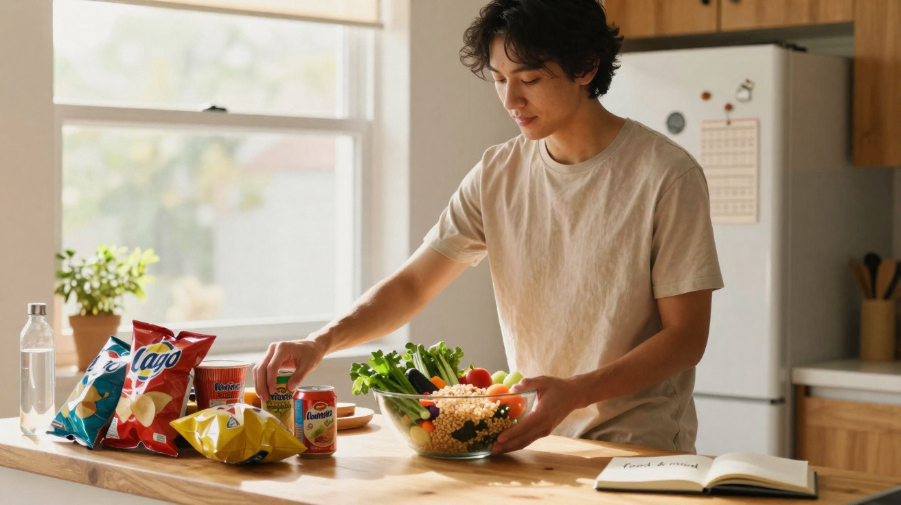 Jovem prepara salada numa cozinha clara, com snacks e bebidas numa bancada em madeira.