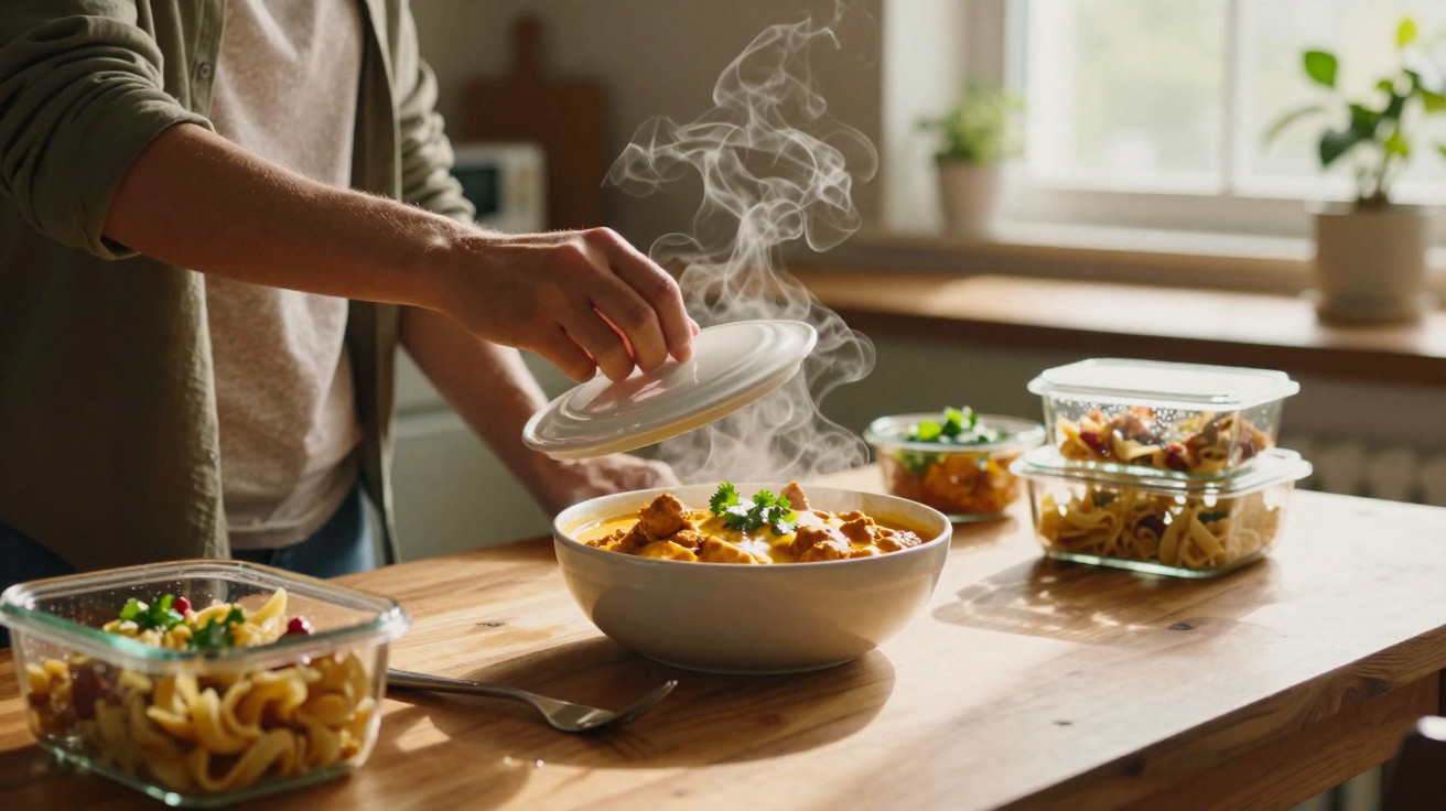 Mão a levantar a tampa de uma taça com comida quente e vapor numa mesa com recipientes de comida pronta.