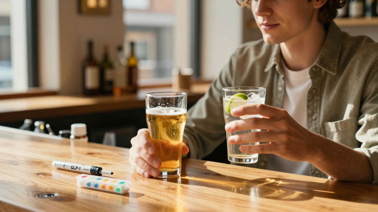 Homem segurando um copo de cerveja e um copo de bebida com limão num balcão de madeira.