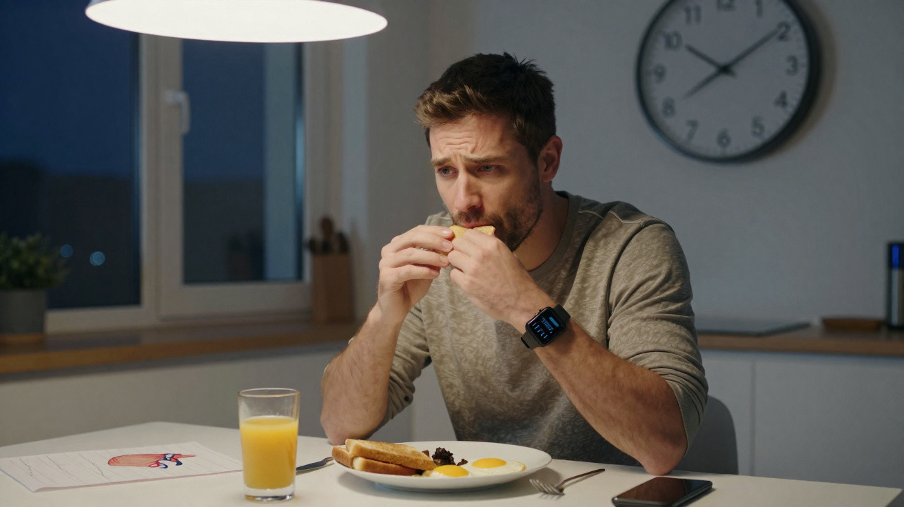Homem a comer uma sandes ao pequeno-almoço numa cozinha moderna durante a noite com um relógio na parede.