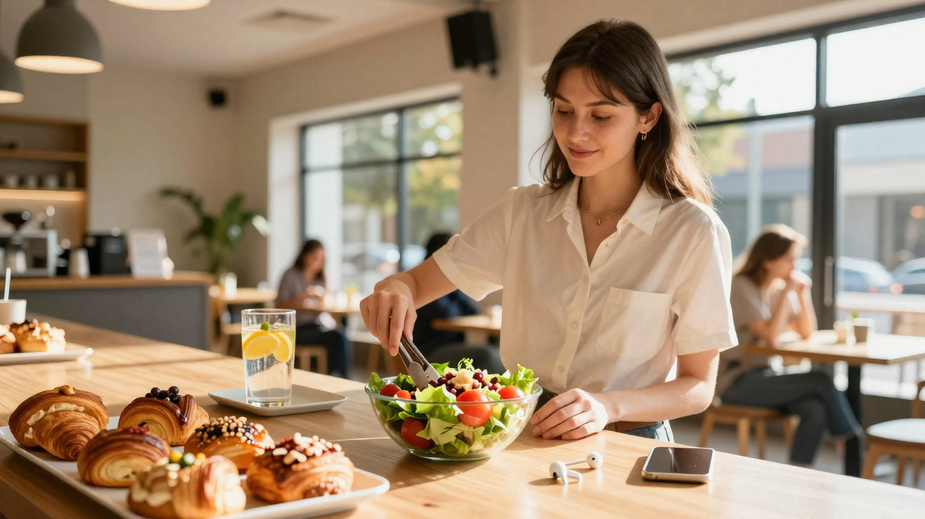 Mulher a servir-se de salada numa tigela, sentada ao balcão de pastelaria com croissants e bebida.