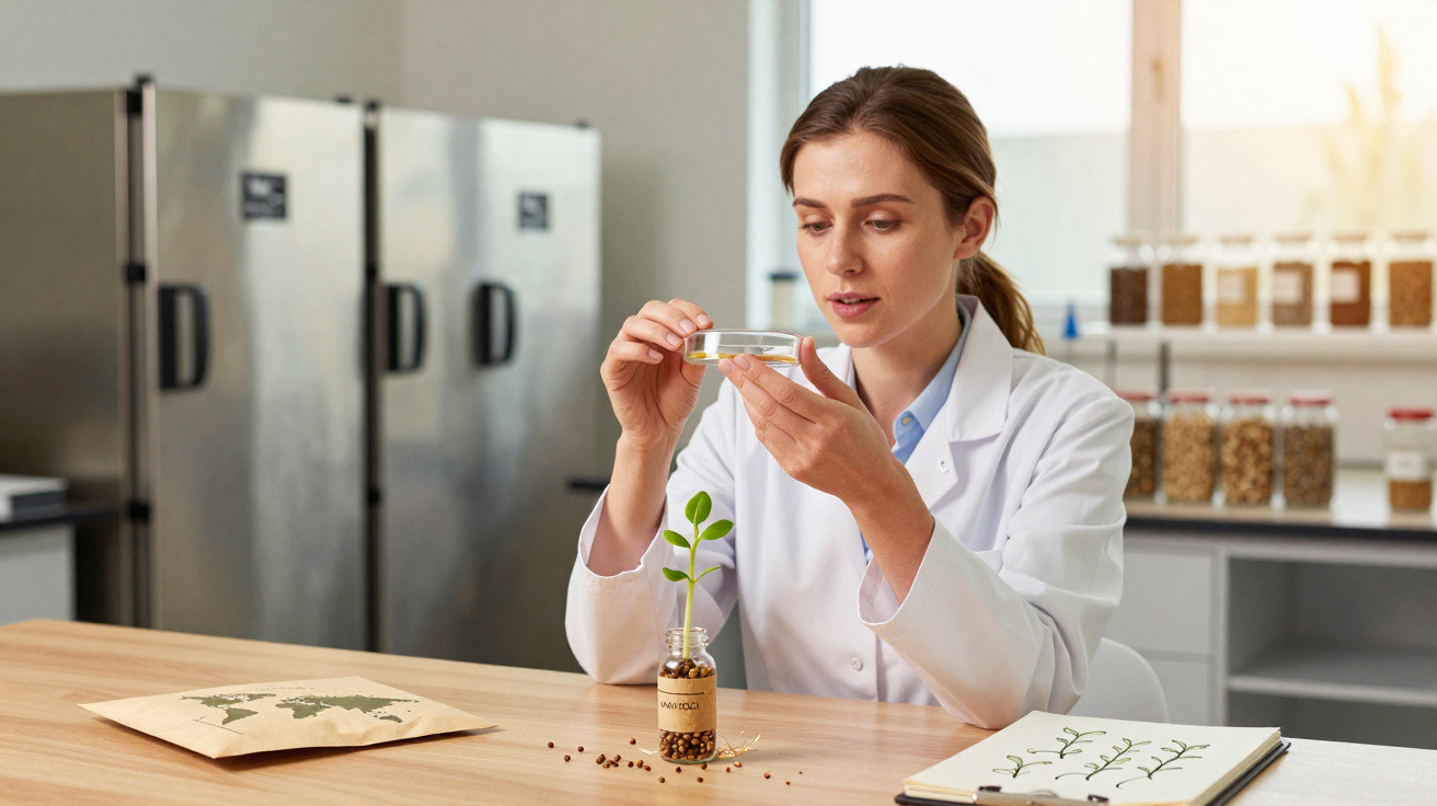 Cientista em bata branca analisa amostra em placa de Petri, com planta em frasco e ilustrações de folhas na mesa.