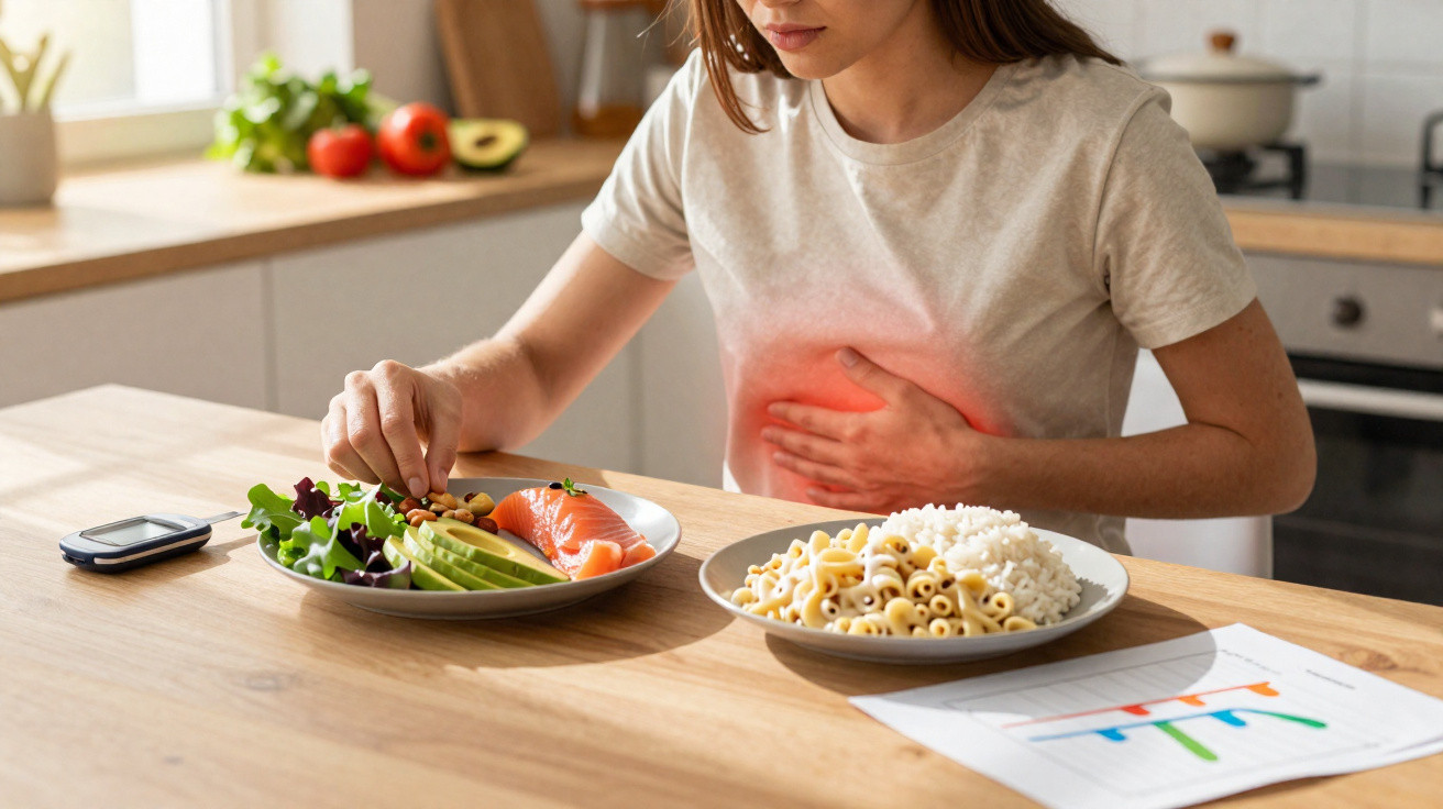 Mulher com mão na barriga, com expressão de dor, sentada à mesa com pratos de comida saudável.