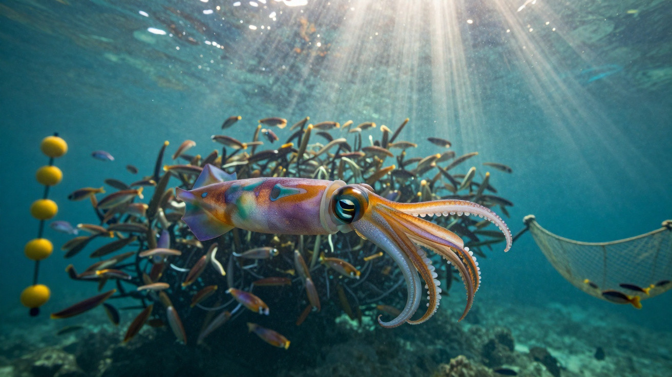 Lula colorida a nadar no oceano com cardume de peixes e luz solar a penetrar na água.