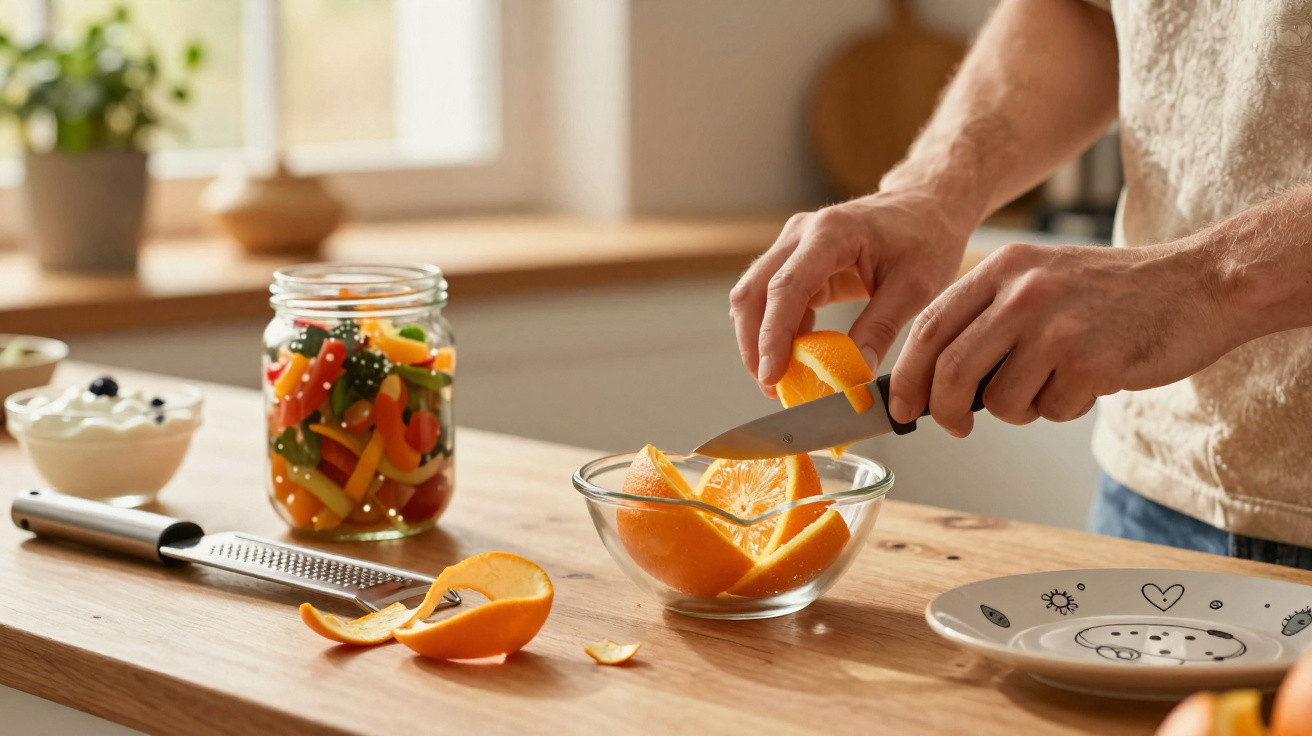 Pessoa a cortar uma laranja em gomos numa tigela de vidro numa cozinha iluminada.