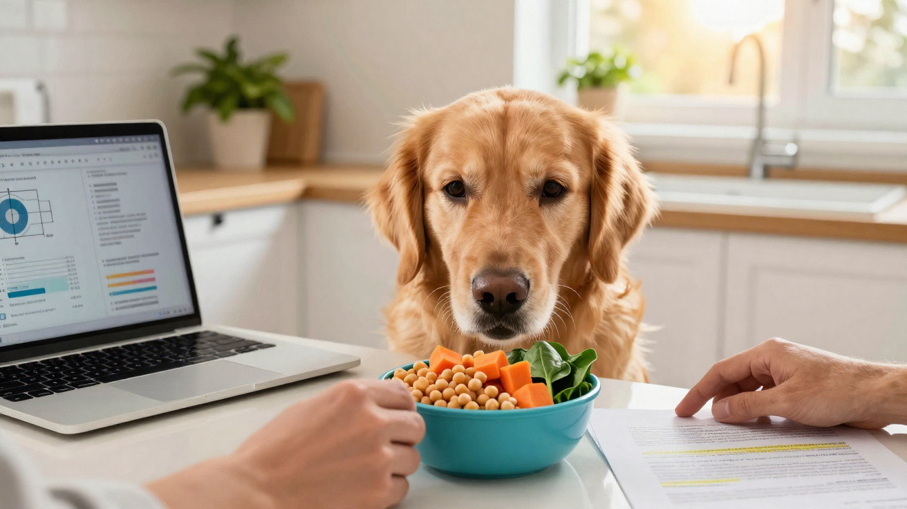 Cão observando tigela com legumes e grão-de-bico na mesa, entre computador e mãos humanas.