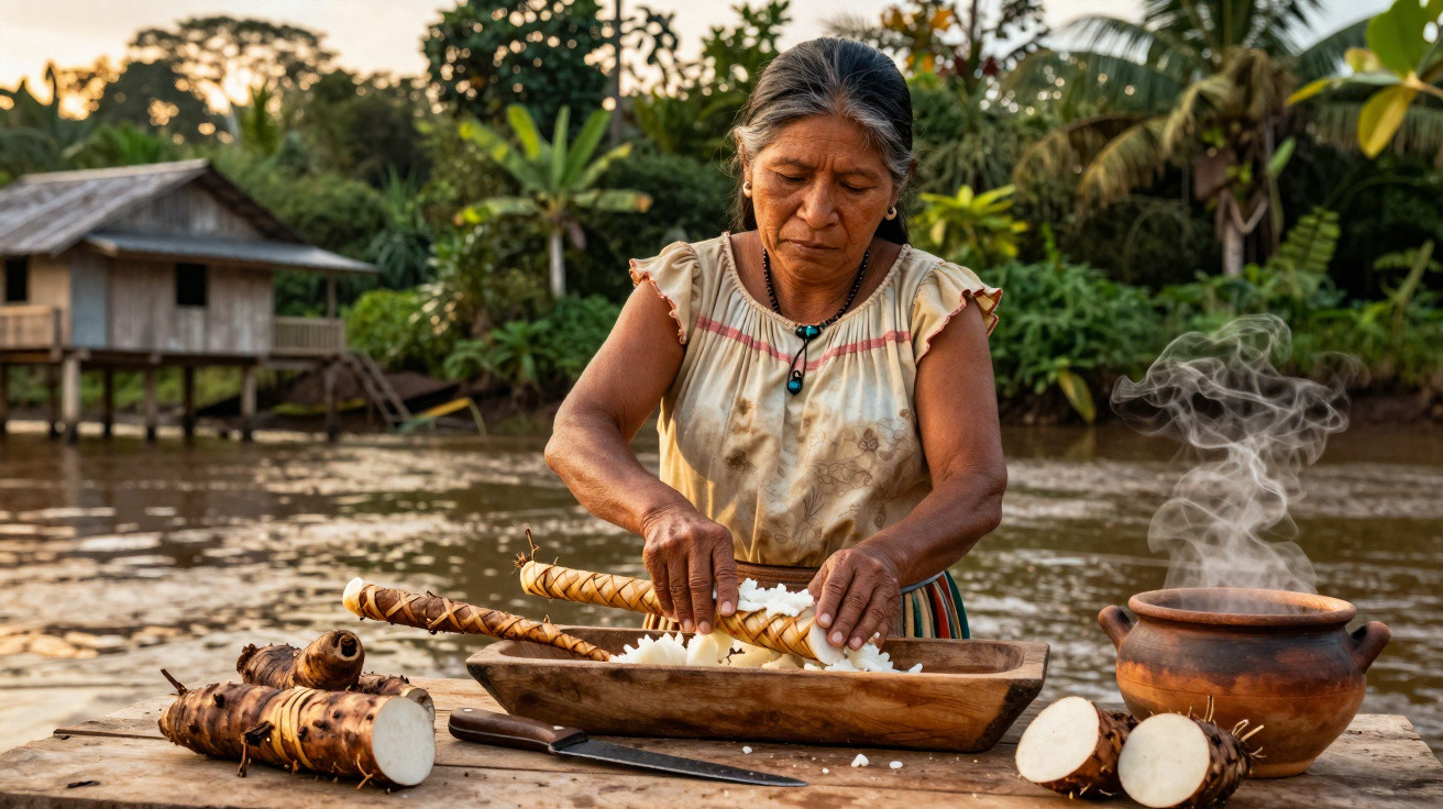 Mulher a preparar mandioca junto a um rio, com utensílios tradicionais e natureza ao fundo.