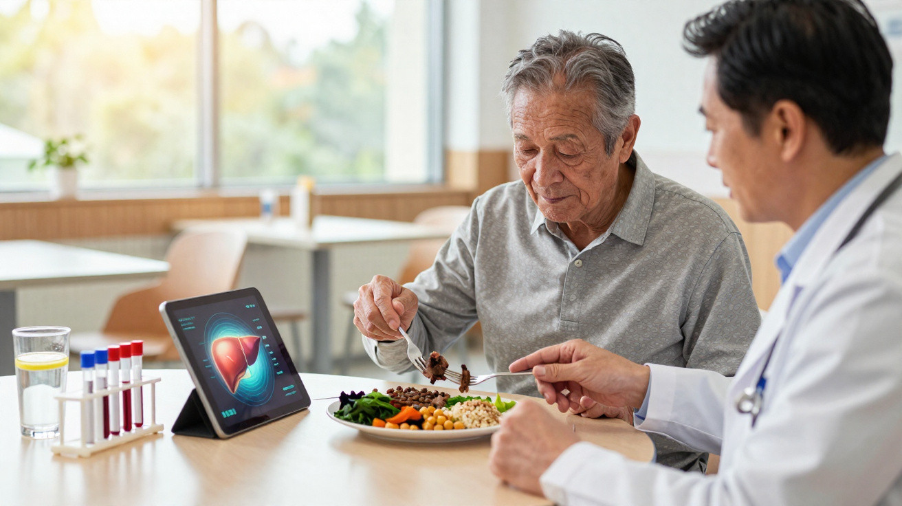 Idoso a comer uma refeição saudável com acompanhamento de médico, com análise do fígado numa tablet.