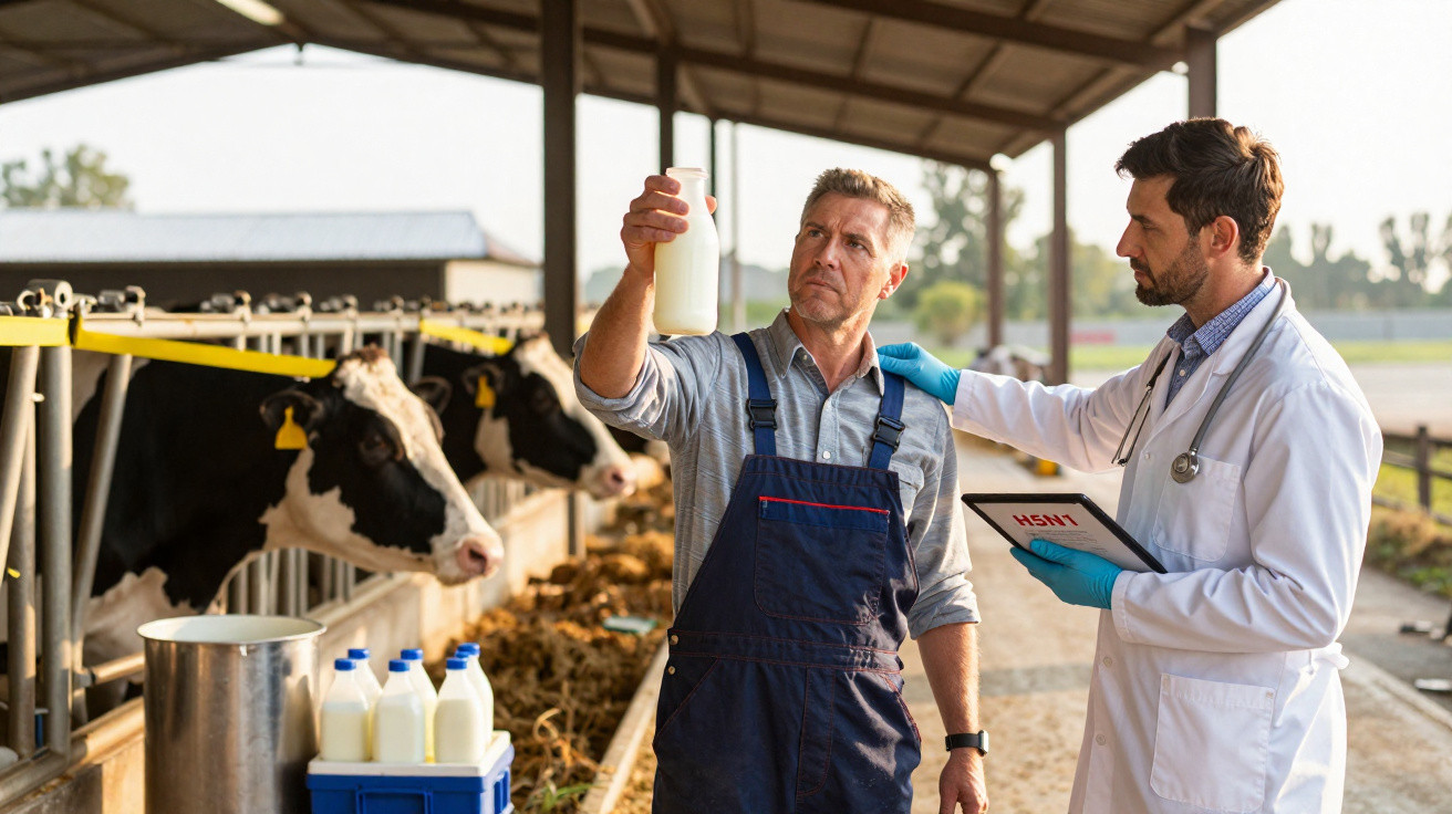 Agricultor e veterinário inspecionam garrafa de leite numa quinta com vacas ao fundo.