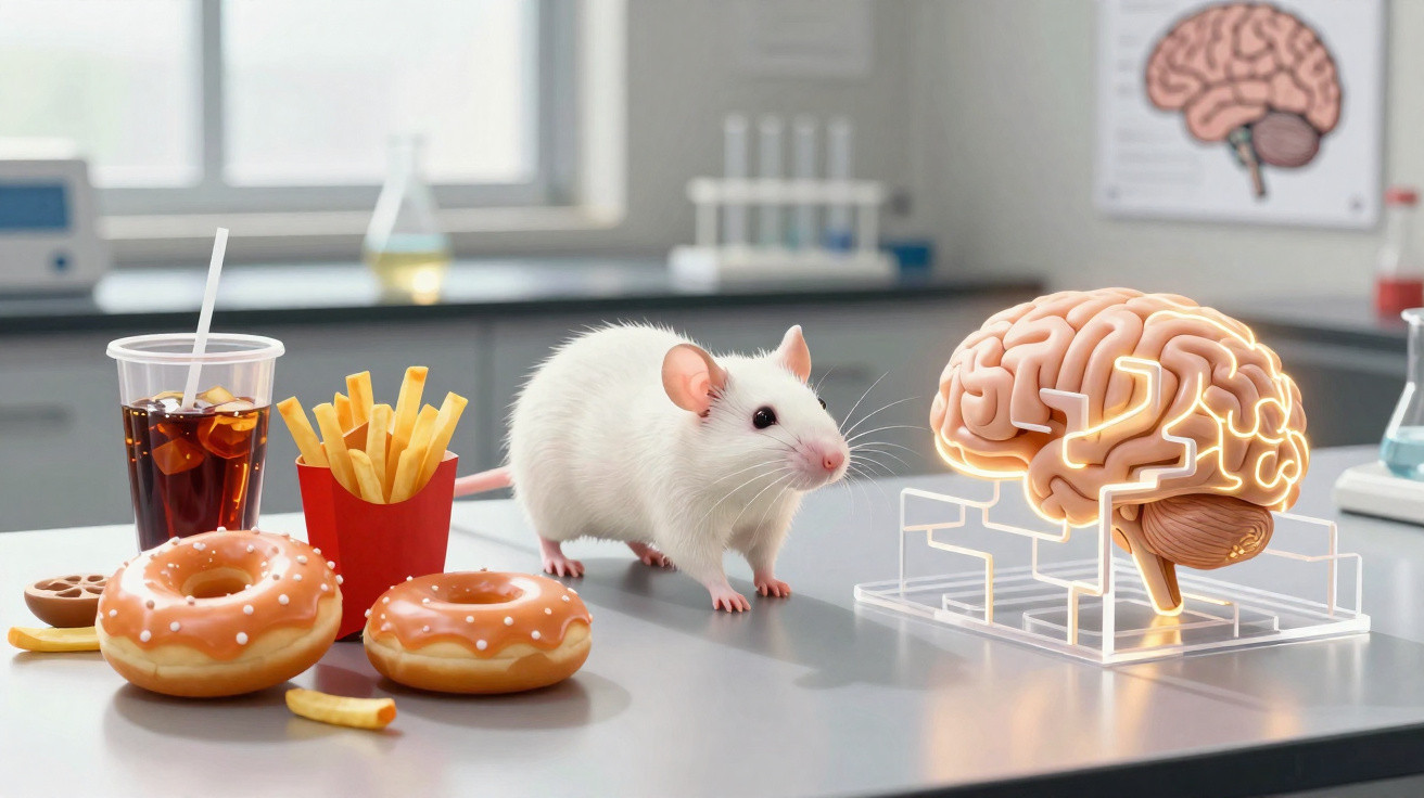 Rato branco numa mesa de laboratório com donuts, batatas fritas, refrigerante e modelo iluminado do cérebro humano.