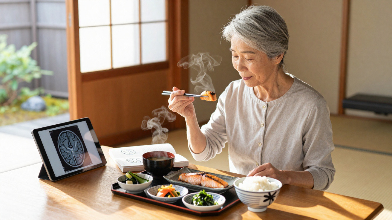 Mulher idosa a comer refeição japonesa num ambiente tradicional com tablet a mostrar imagem de cérebro.
