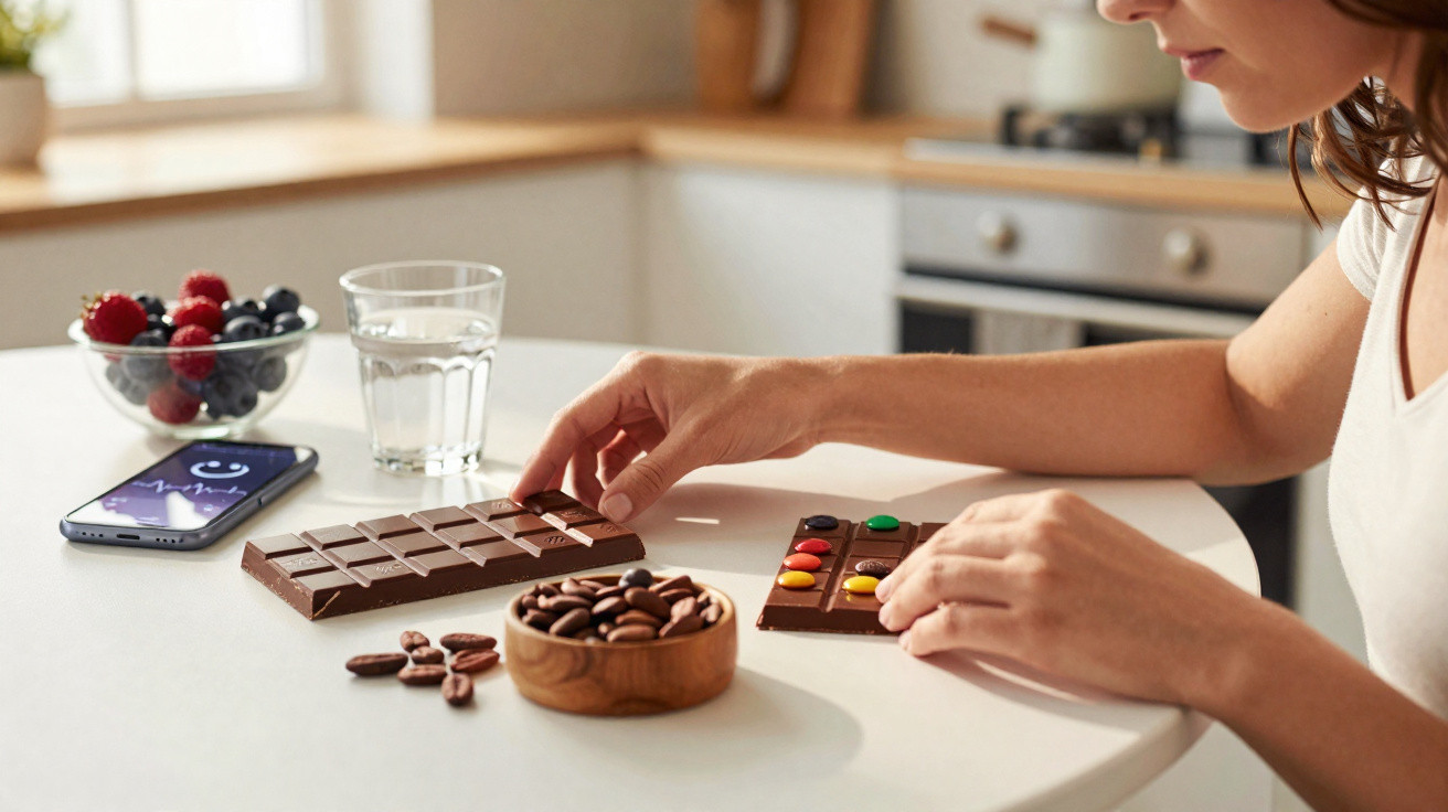 Mulher sentada à mesa a comer chocolate com amêndoas e smarties, perto de taça com frutos vermelhos e copo de água.
