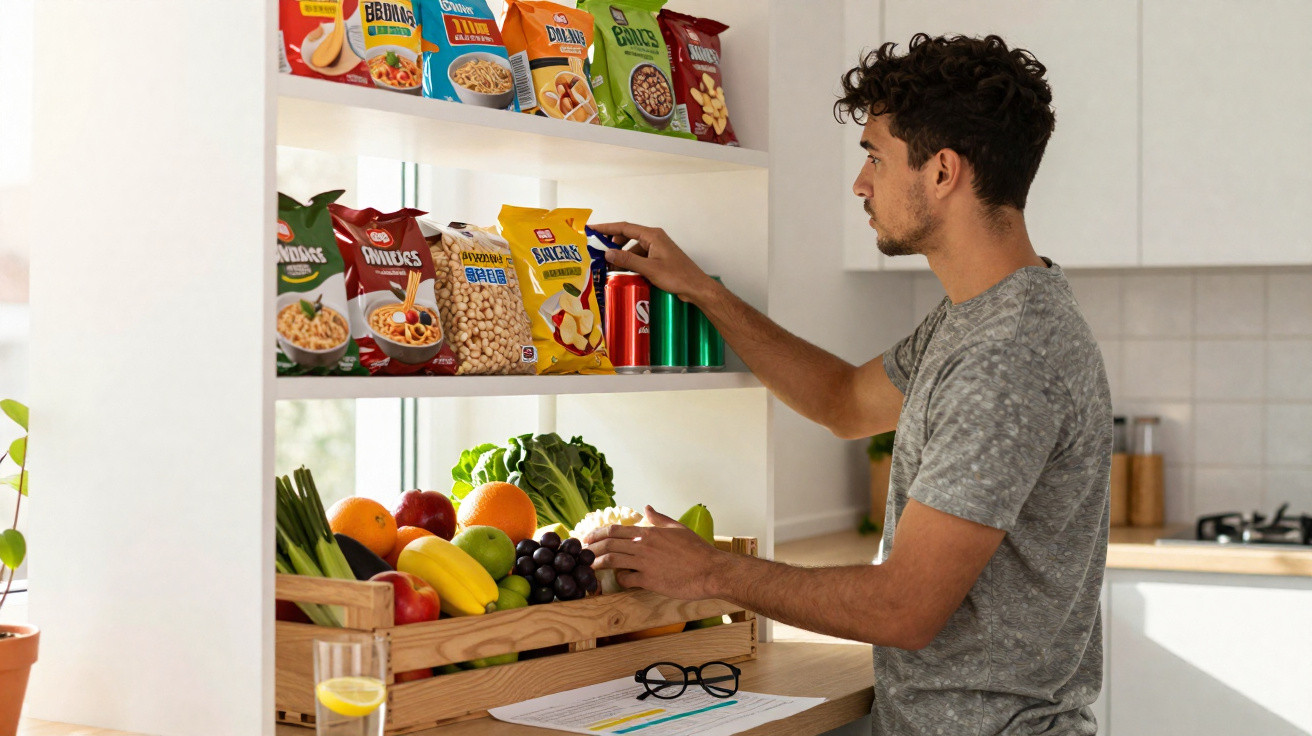 Homem a organizar alimentos embalados e frutas numa cozinha luminosa e moderna.