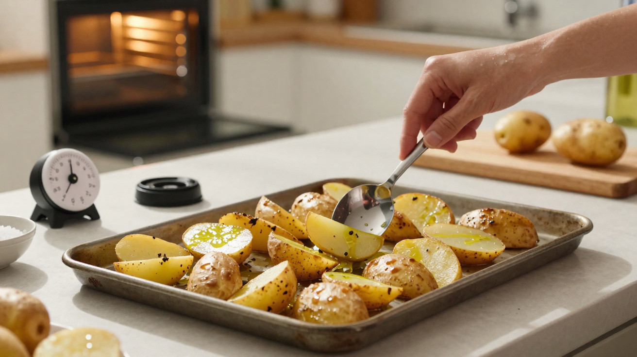 Mãos a colocar batatas temperadas numa assadeira, forno aberto e temporizador na bancada da cozinha.
