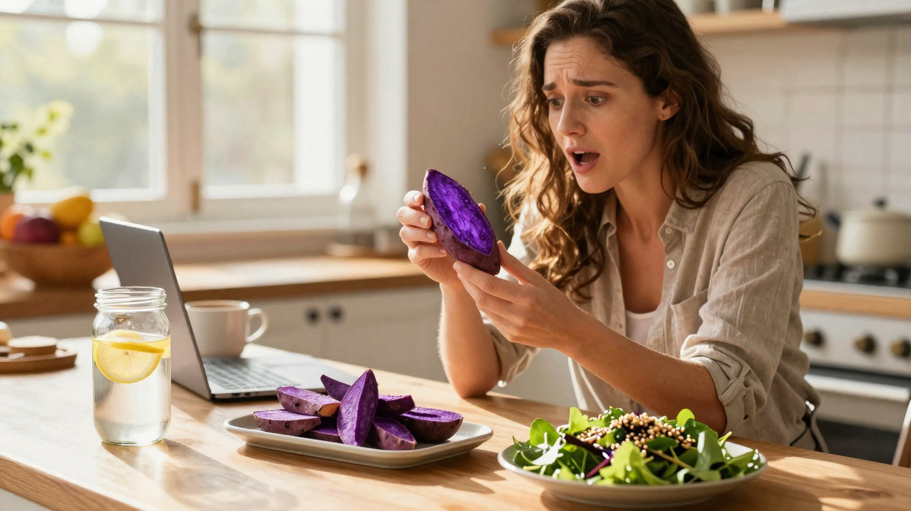 Mulher surpresa a olhar para pedaço de batata-doce roxa na cozinha, com salada e computador à frente.