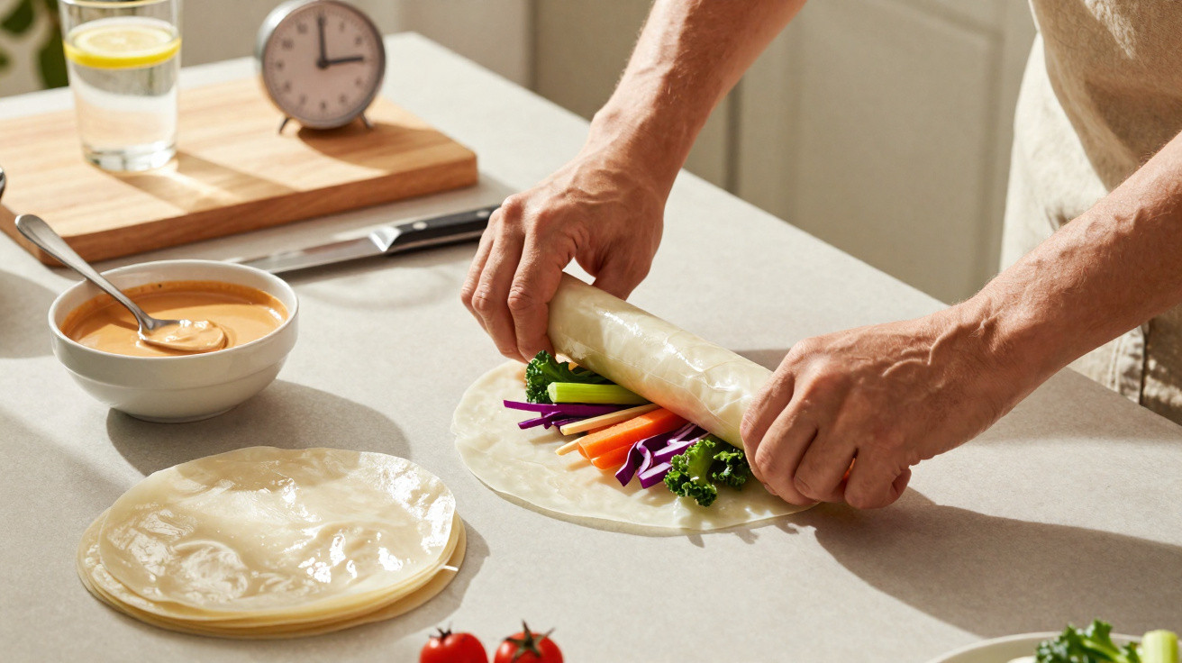 Mãos a enrolar wrap com legumes frescos numa mesa com molhoca, tomate cherry, relógio e copo de água.