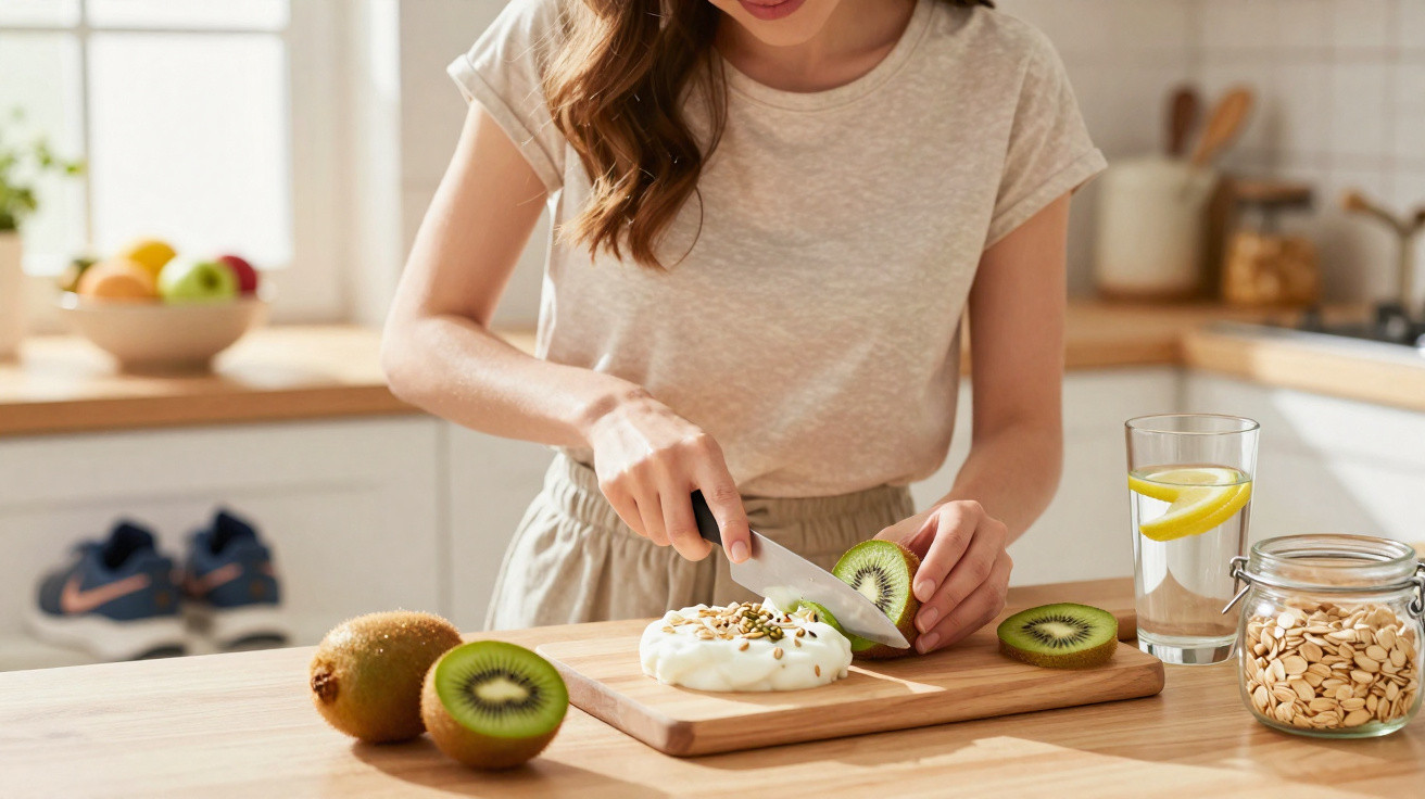 Mulher a cortar kiwi sobre uma tábua com iogurte e sementes numa cozinha iluminada.