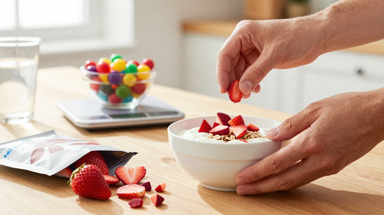 Mãos a colocar morangos fatiados numa taça de iogurte com granola numa cozinha iluminada.