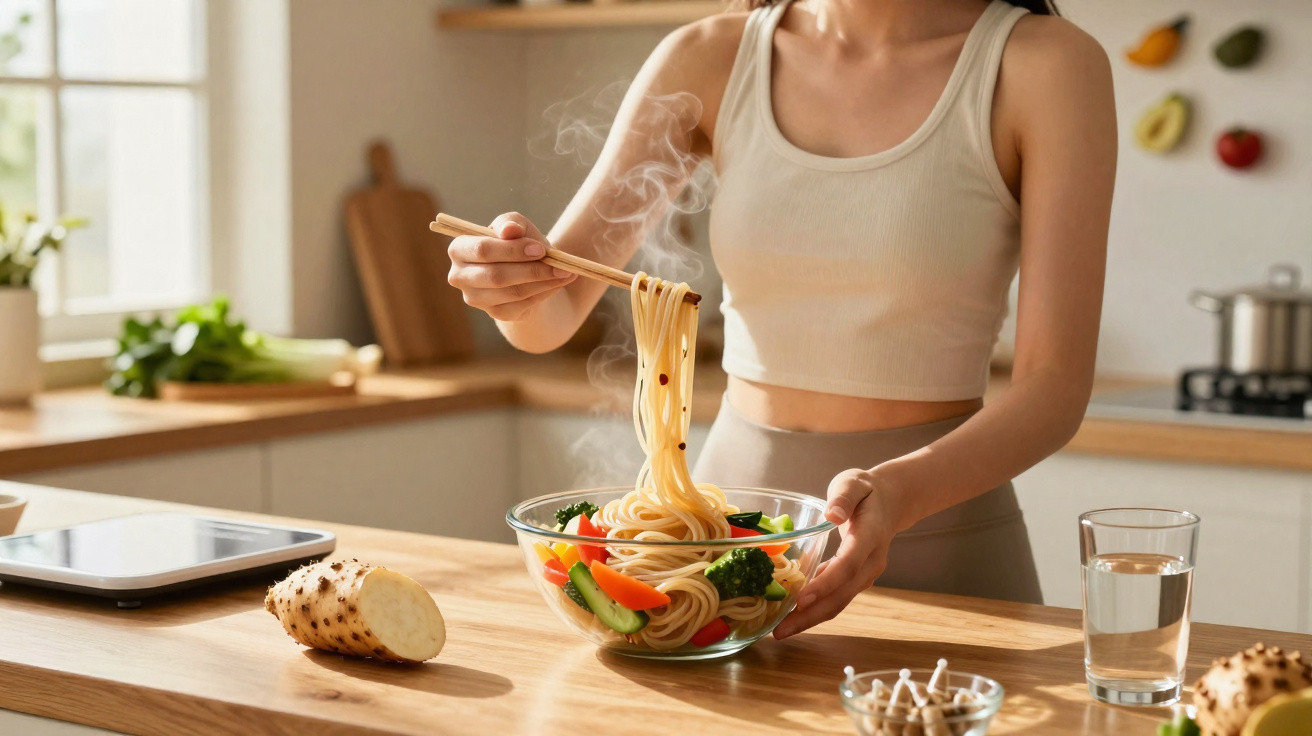 Pessoa a servir noodles quentes com pauzinhos em taça de vidro na cozinha iluminada.
