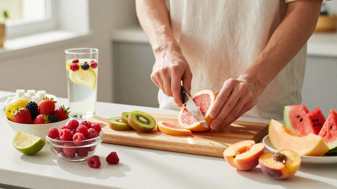 Pessoa a cortar toranja numa tábua de madeira com várias frutas frescas e copo de água com limão na bancada.