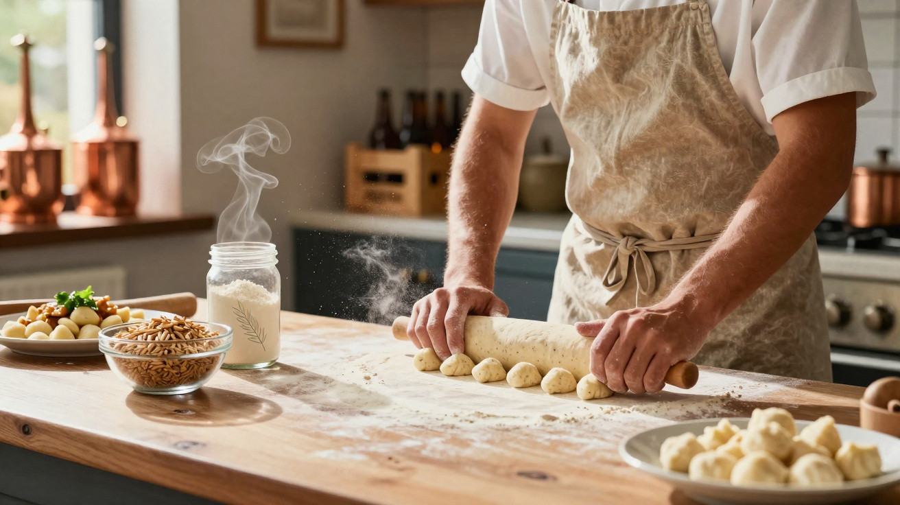Pessoa a estender massa com rolo numa bancada de cozinha com farinha e ingredientes ao lado.