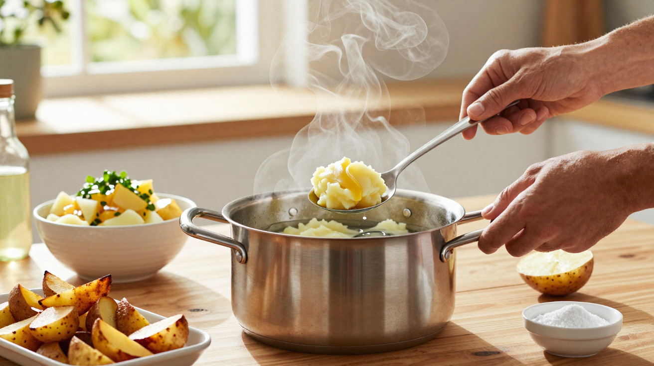 Mãos a retirar puré de batata fumegante de uma panela de inox numa cozinha luminosa.