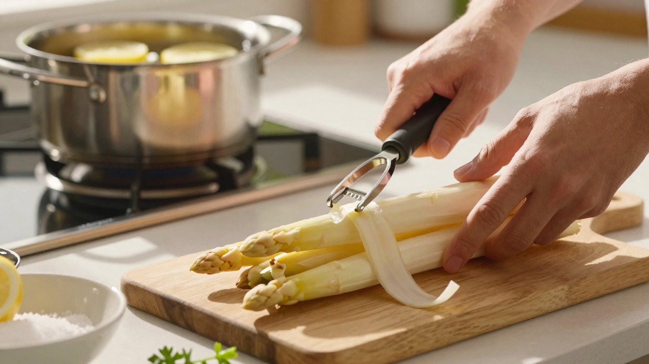 Pessoa a descascar espargos brancos numa tábua de cozinha com panela ao fundo.