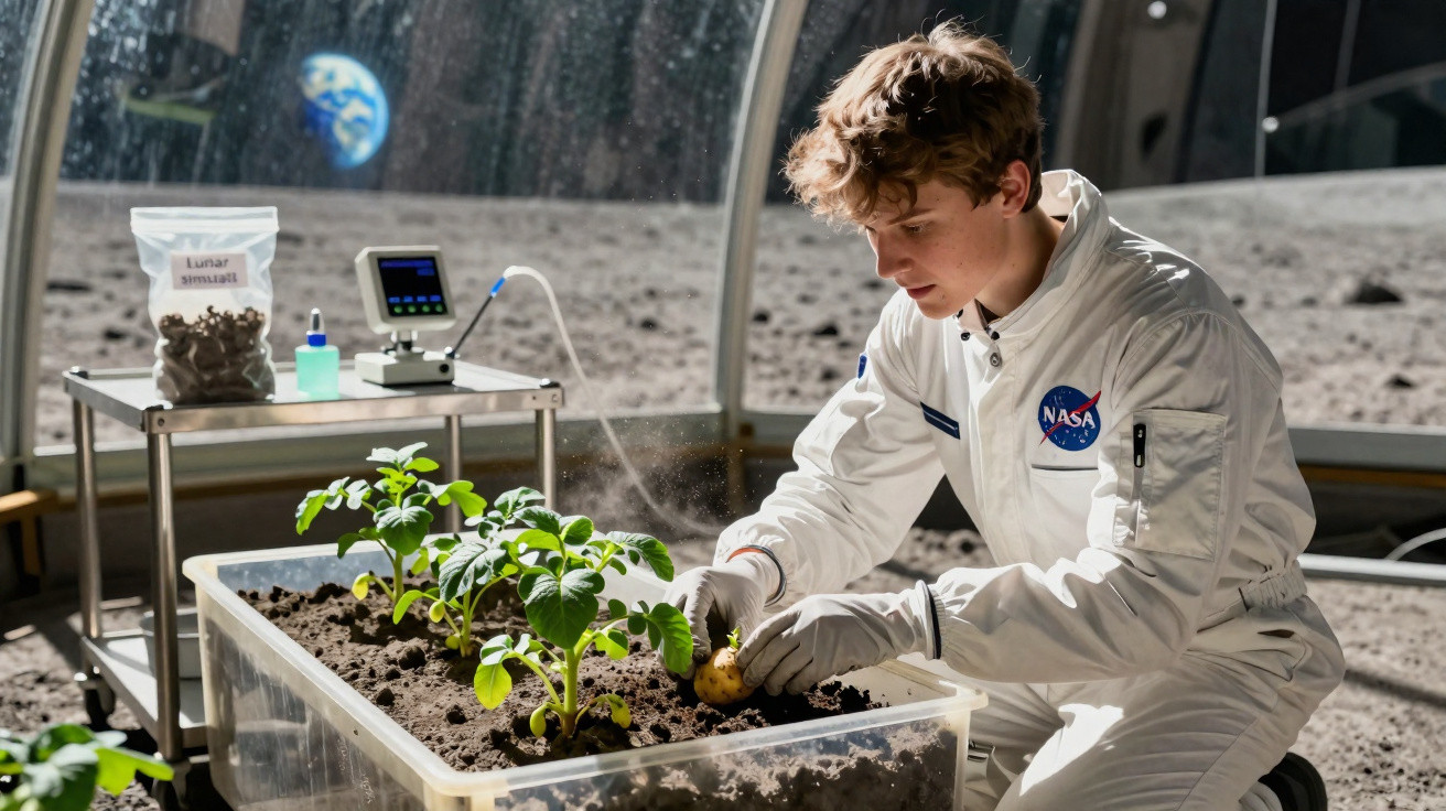 Jovem cientista em fato da NASA cultiva plantas num ambiente lunar simulado com a Terra visível ao fundo.