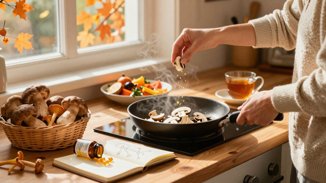 Mãos a cozinhar cogumelos numa frigideira numa cozinha com luz natural de outono e chá a ferver.