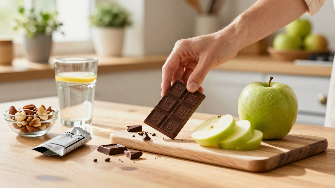 Mão a pegar barra de chocolate sobre tábua com maçã verde em fatias, frutos secos e copo de água com limão.