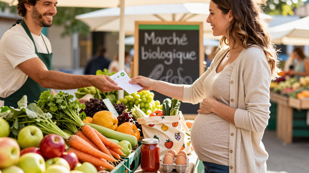 Mulher grávida compra legumes frescos num mercado biológico ao ar livre com vendedor sorridente.