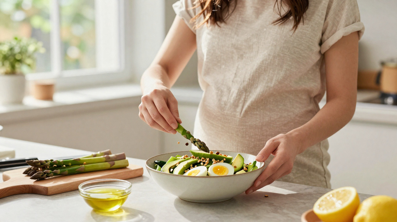 Mulher a preparar salada com ovos, abacate e espargos numa cozinha iluminada.