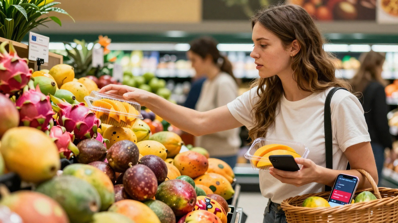 Mulher a escolher fruta embalada na secção de frutas frescas num supermercado.