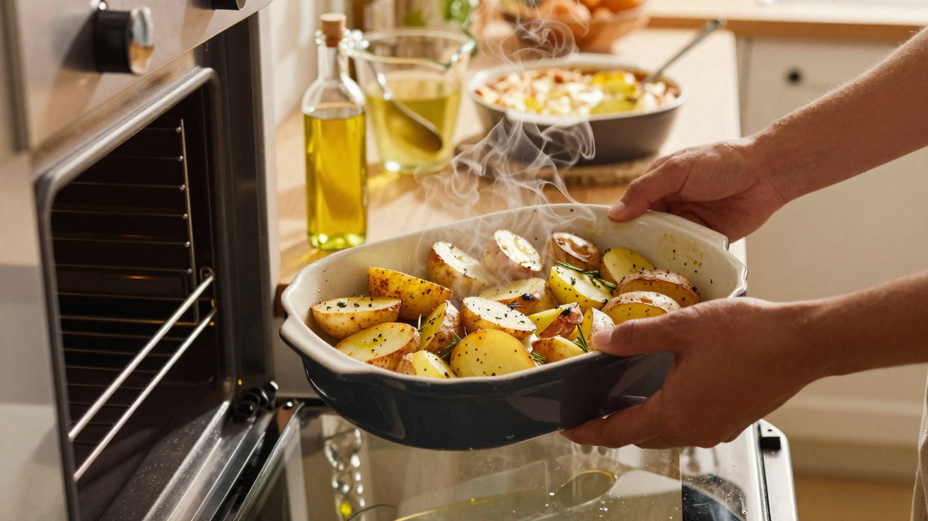 Pessoa a retirar do forno um tabuleiro com batatas assadas e a fumegar numa cozinha moderna.