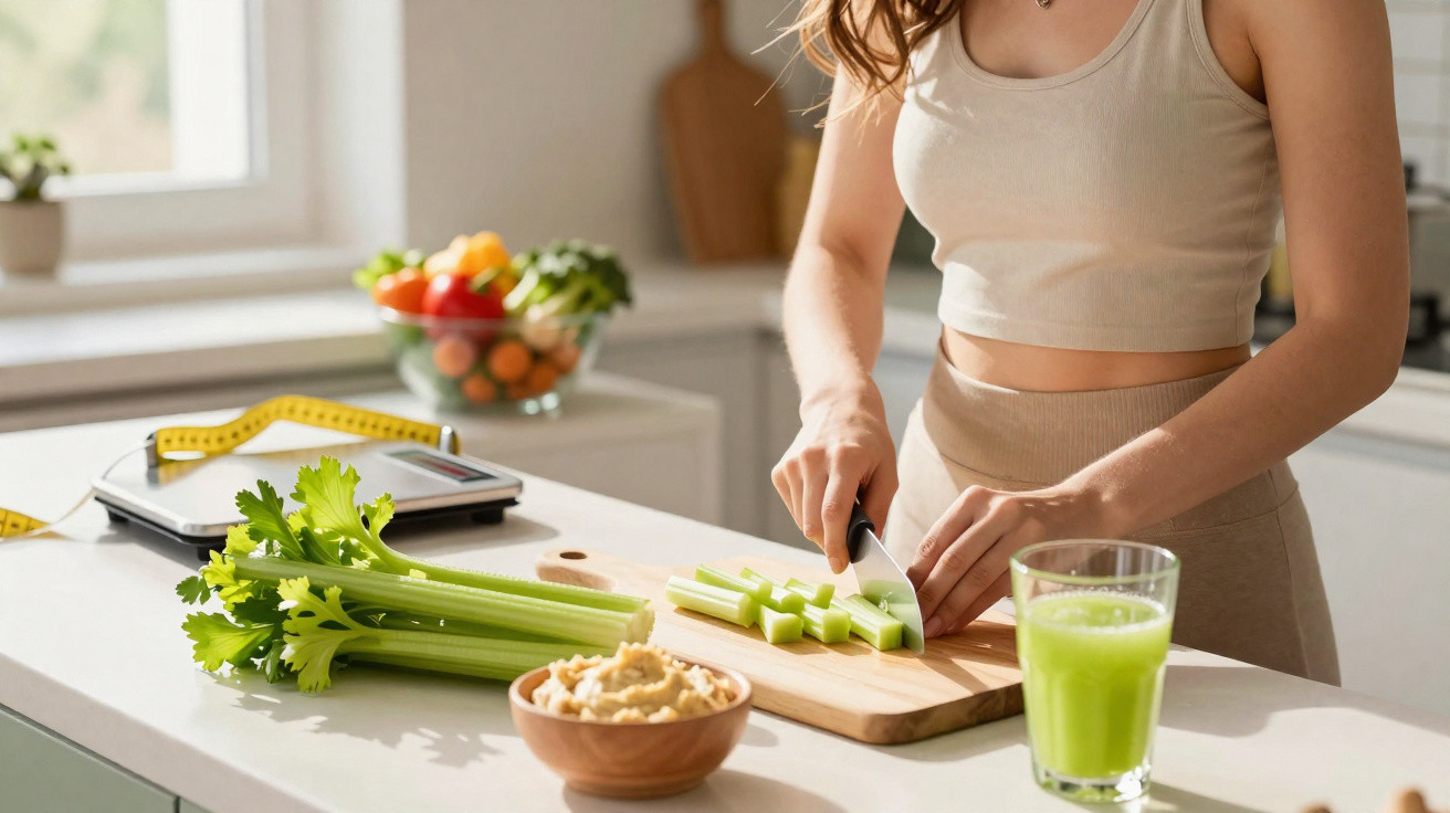 Pessoa a cortar aipo numa cozinha moderna, com copo de sumo verde e legumes ao fundo.
