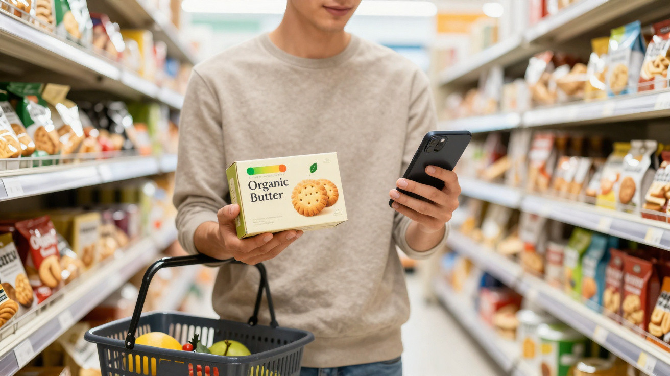 Pessoa a fazer compras no supermercado, segurando pacote de bolachas e a olhar para o telemóvel.
