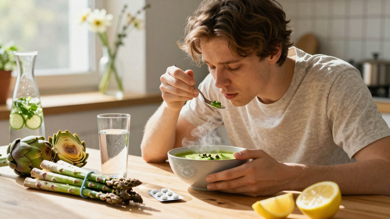 Homem a provar sopa verde quente numa tigela, com espargos, alcachofras e limão sobre a mesa.