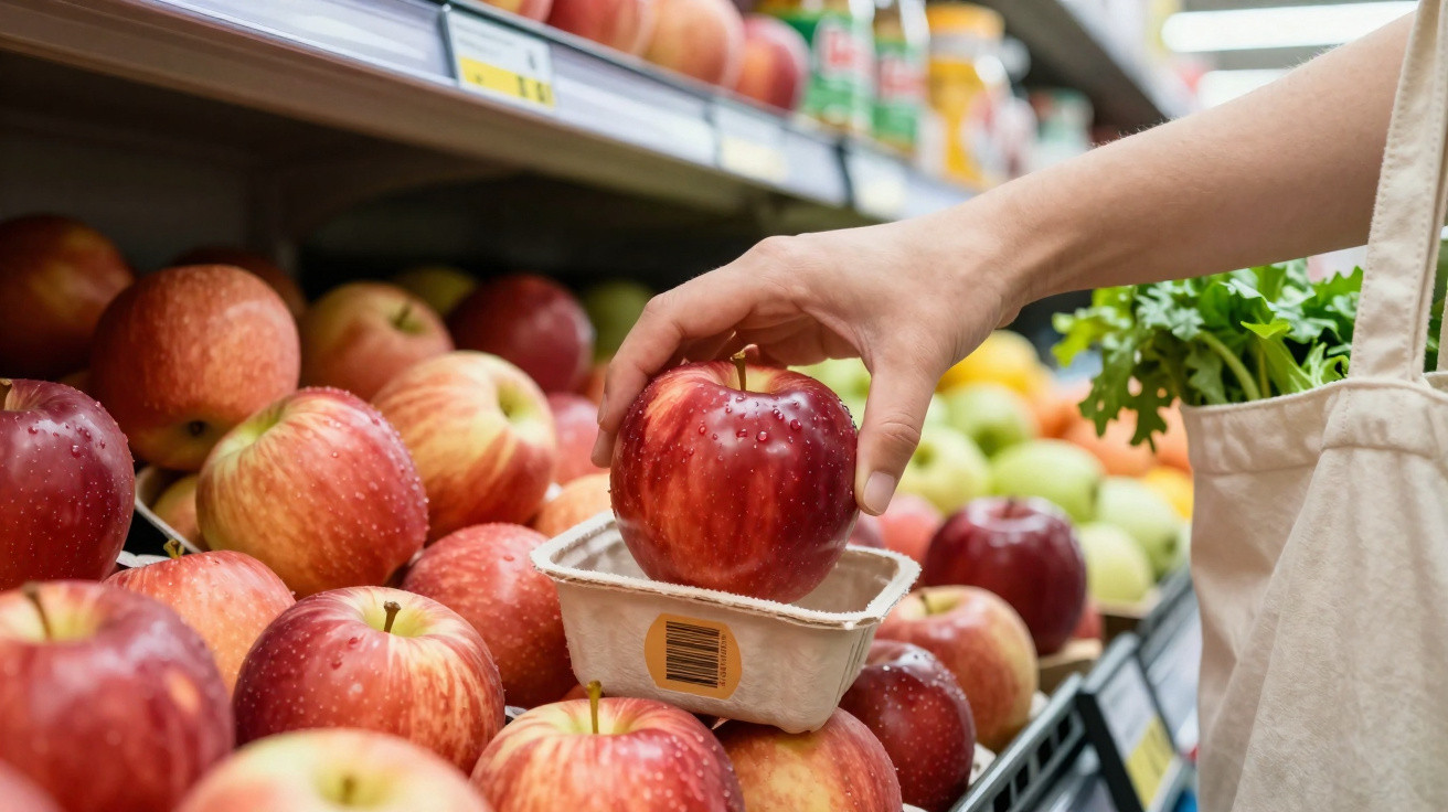 Pessoa a escolher maçã vermelha numa banca de frutas num supermercado, com legumes numa ecobag.