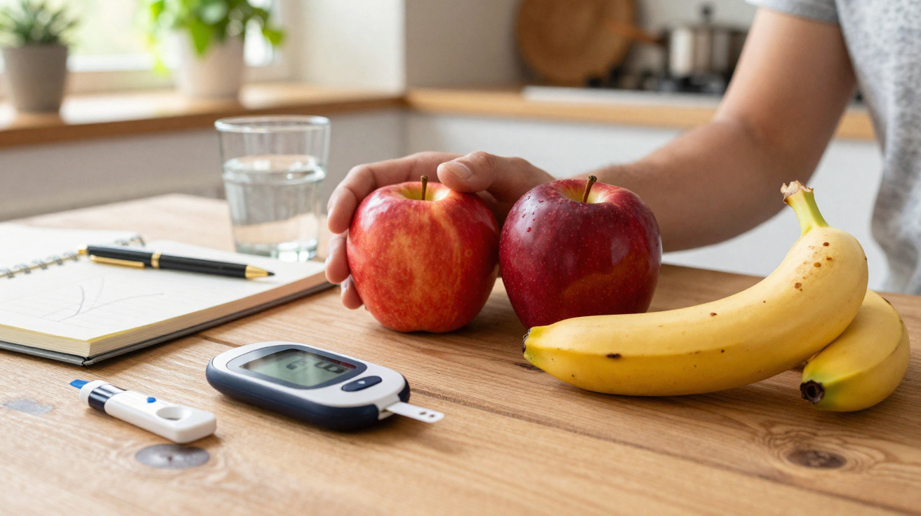 Mão segurando maçã perto de bananas, monitor de glicose, lanceta, copo de água e bloco de notas numa mesa.