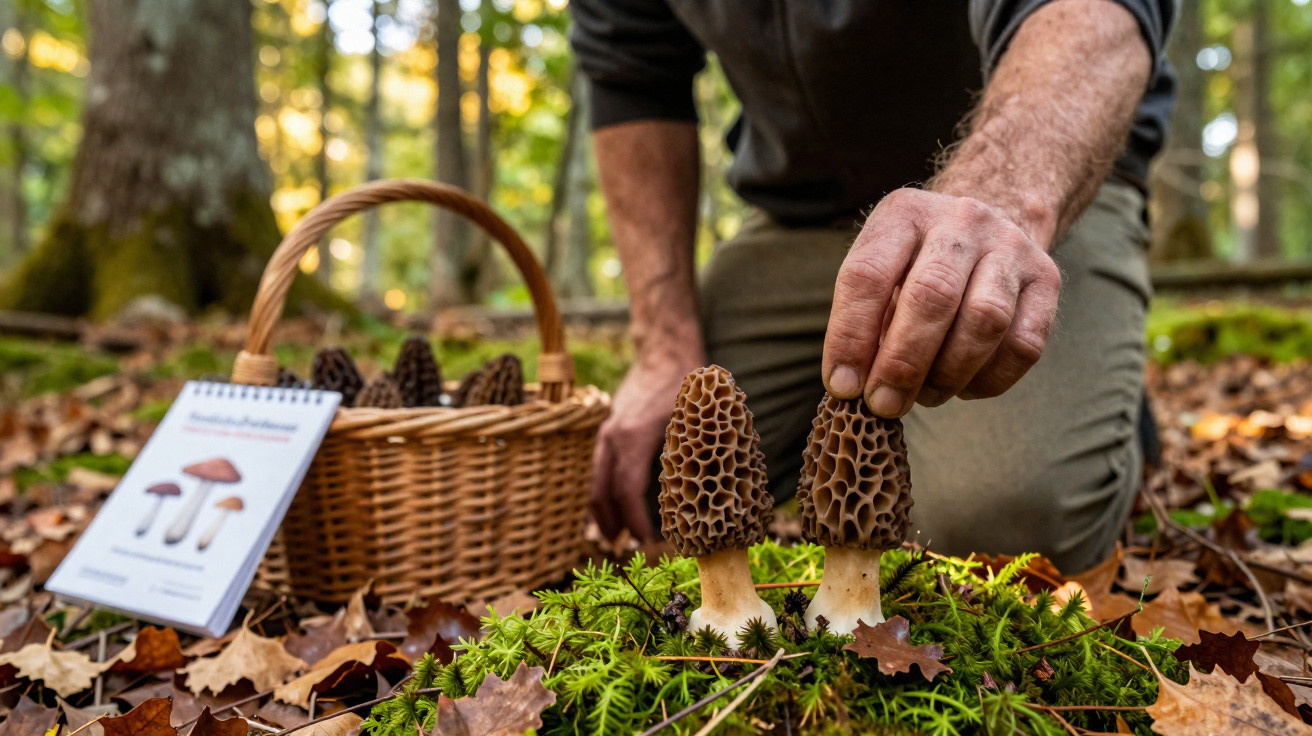 Pessoa apanha cogumelos morchella em floresta com cesto e guia de identificação ao lado.