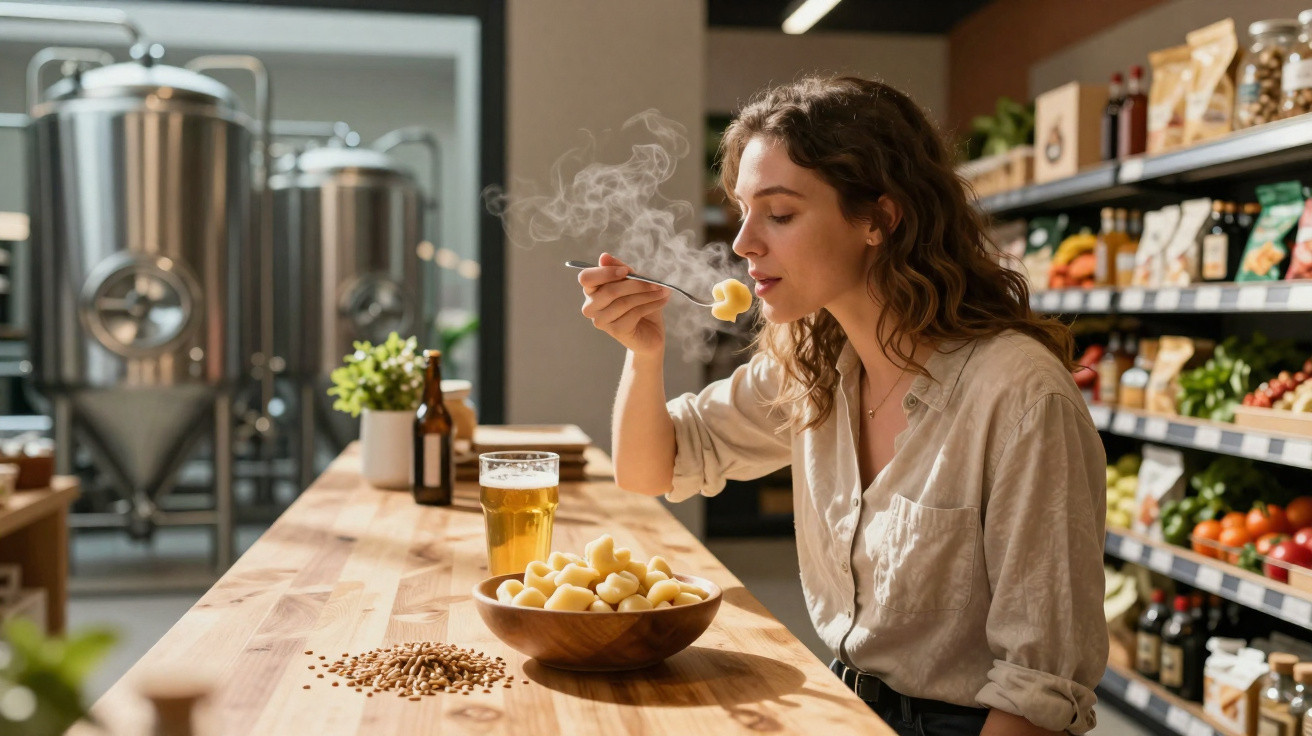 Mulher a provar comida quente numa tigela de madeira, sentada num balcão com cerveja ao lado.