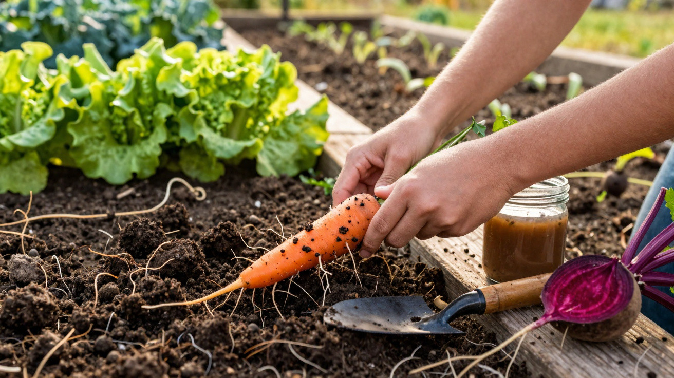 Mãos a colher uma cenoura do solo numa horta com alfaces, beterraba e pá de jardineiro.