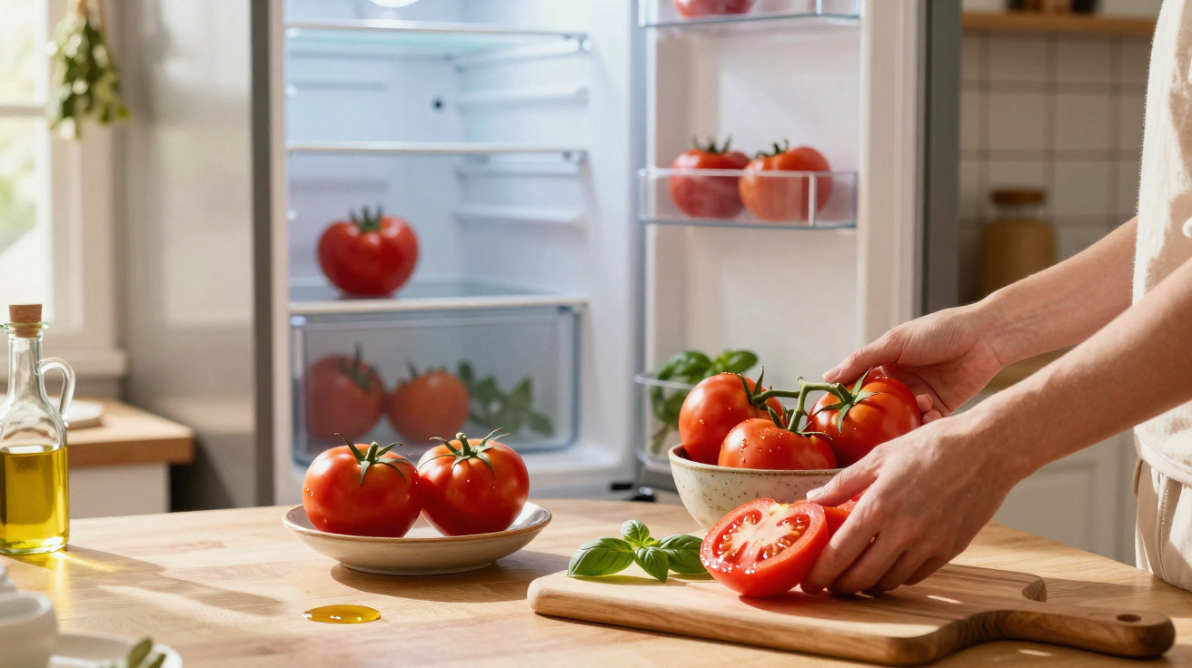 Mãos a segurar tomates frescos sobre tábua de cozinha com frigorífico aberto e pratos com tomates ao fundo.