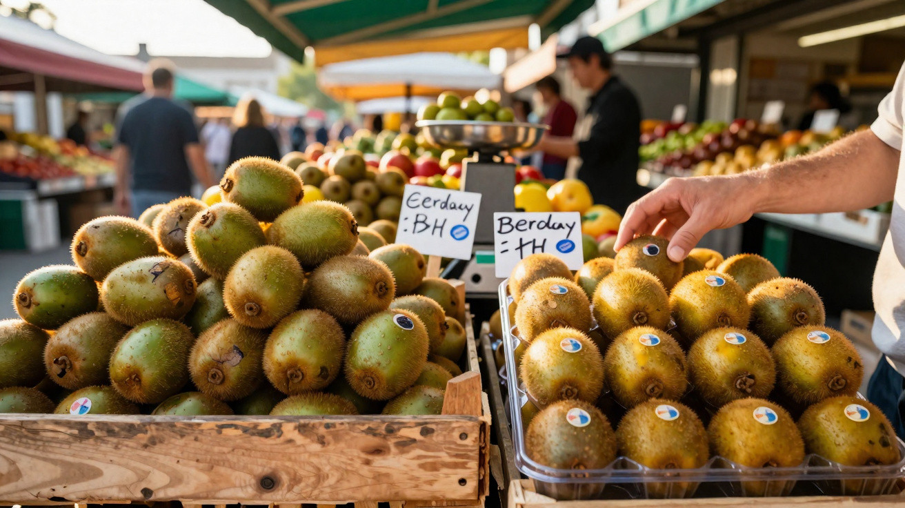 Fruta kiwi empilhada em caixa de madeira e tabuleiro plástico num mercado ao ar livre, mão a escolher fruta.